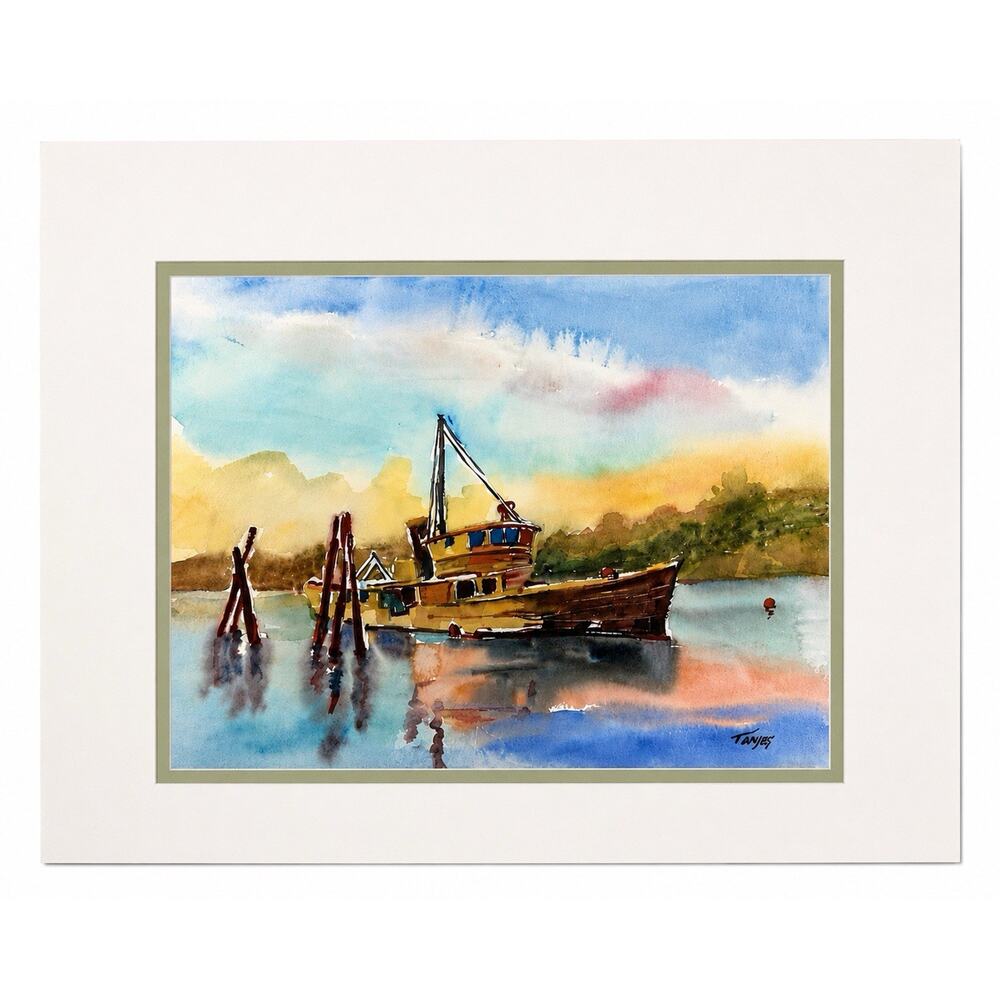 Original Watercolor Harbor Boat Painting Signed Tanjes 16x12 Matted Seascape Art